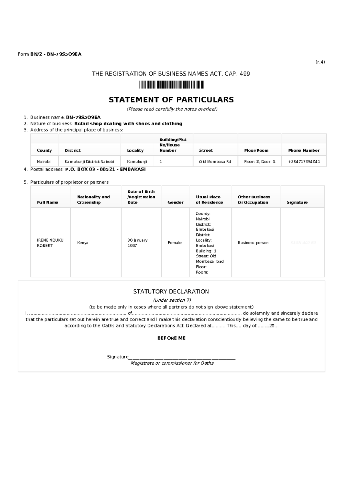 BN-79S5Q9EA-BN2 Business Name Registration Details and Declaration ...