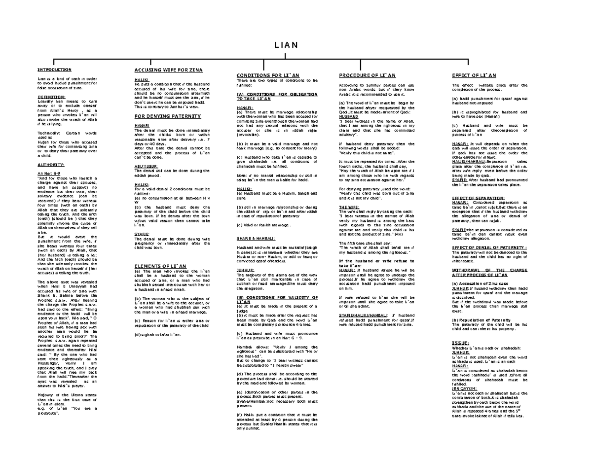 IFLA LI AN III - Study Notes on Li`an in Islamic Law - Studocu
