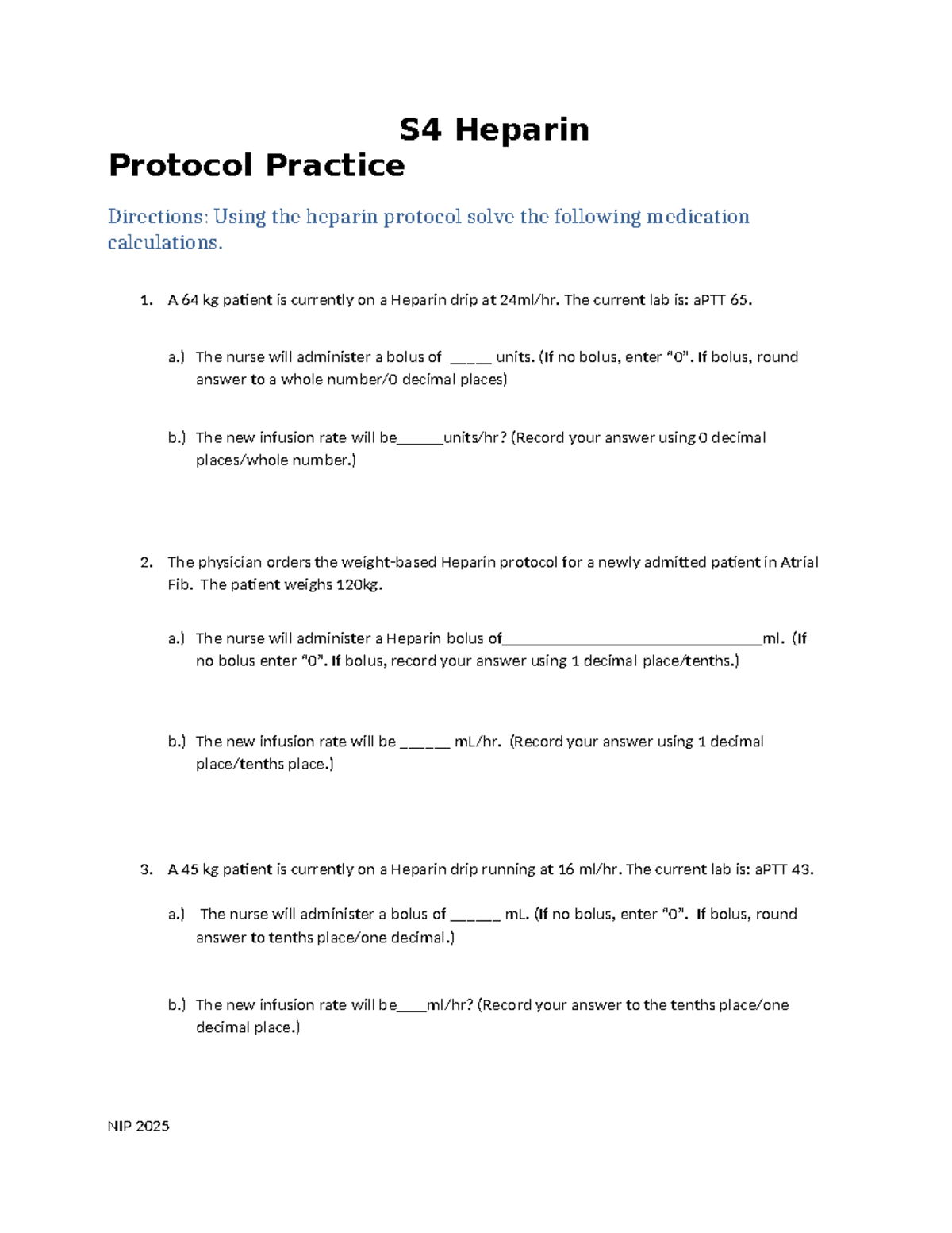 S4 Heparin Protocol Practice: Medication Calculations Guide - Studocu