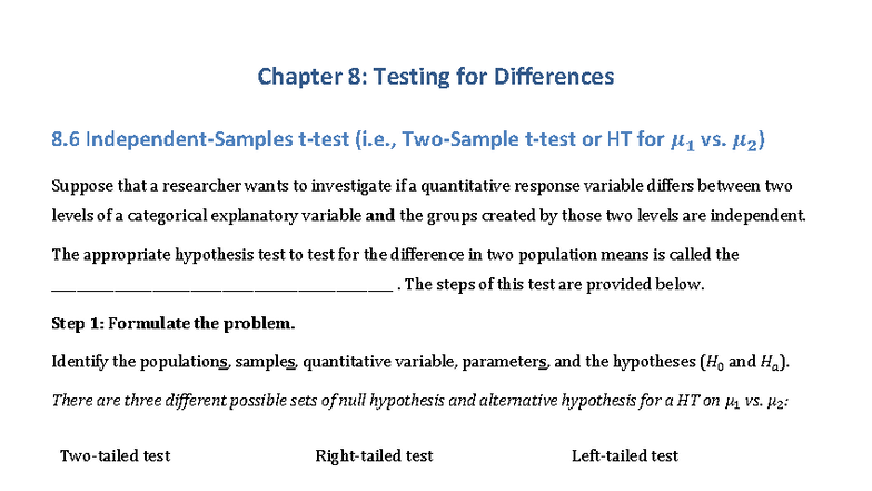 Chapter 8: Hypothesis Testing for Independent Groups (9-Independent ...