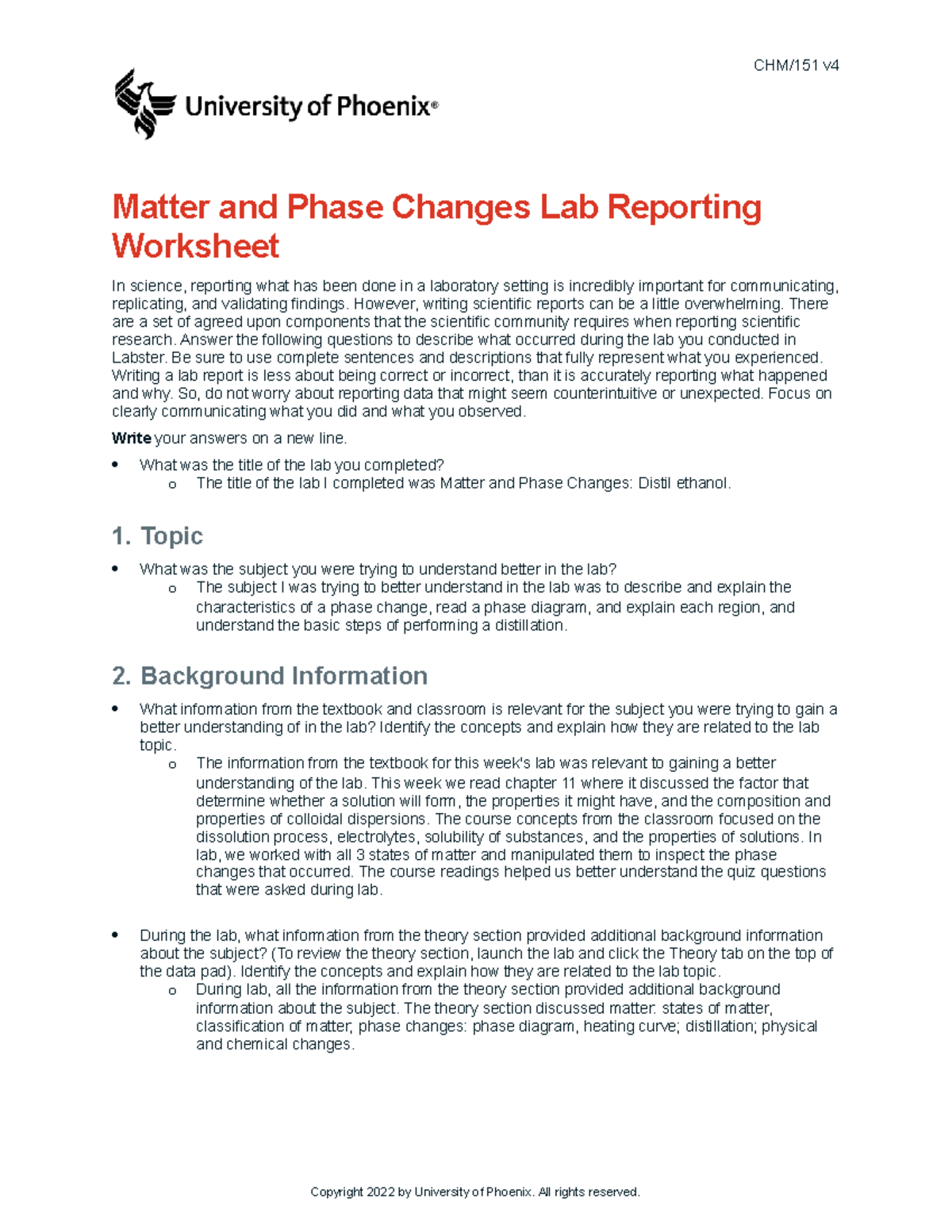 CHM/151 v4 Week 1 Matter & Phase Changes Lab Report Observations - Studocu