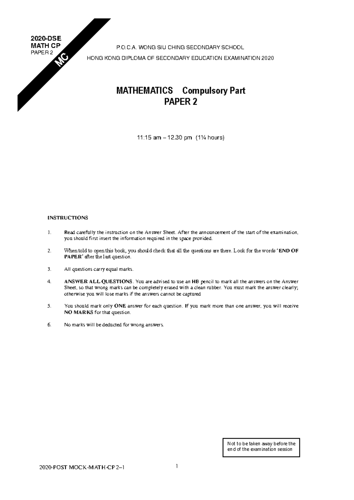MATH CP Post-Mock Paper 2 - HKDSE Mathematics Exam 2020 - Studocu
