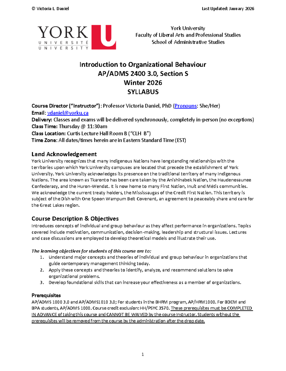 Course Outline for ADMS 2400 S: Introduction to Organizational ...