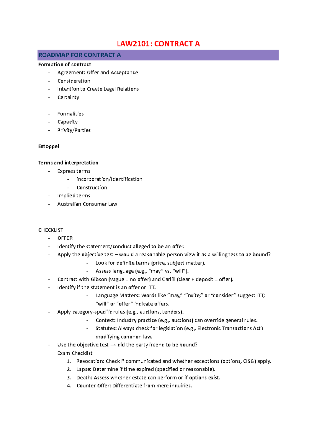 LAW2101: Contract A - Exam Notes on Offer and Acceptance Principles ...