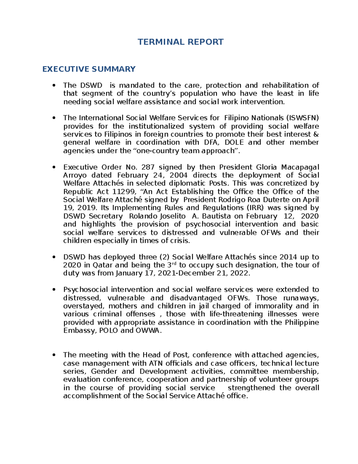 Draft Terminal Report with Financials for SWA in Qatar - Studocu
