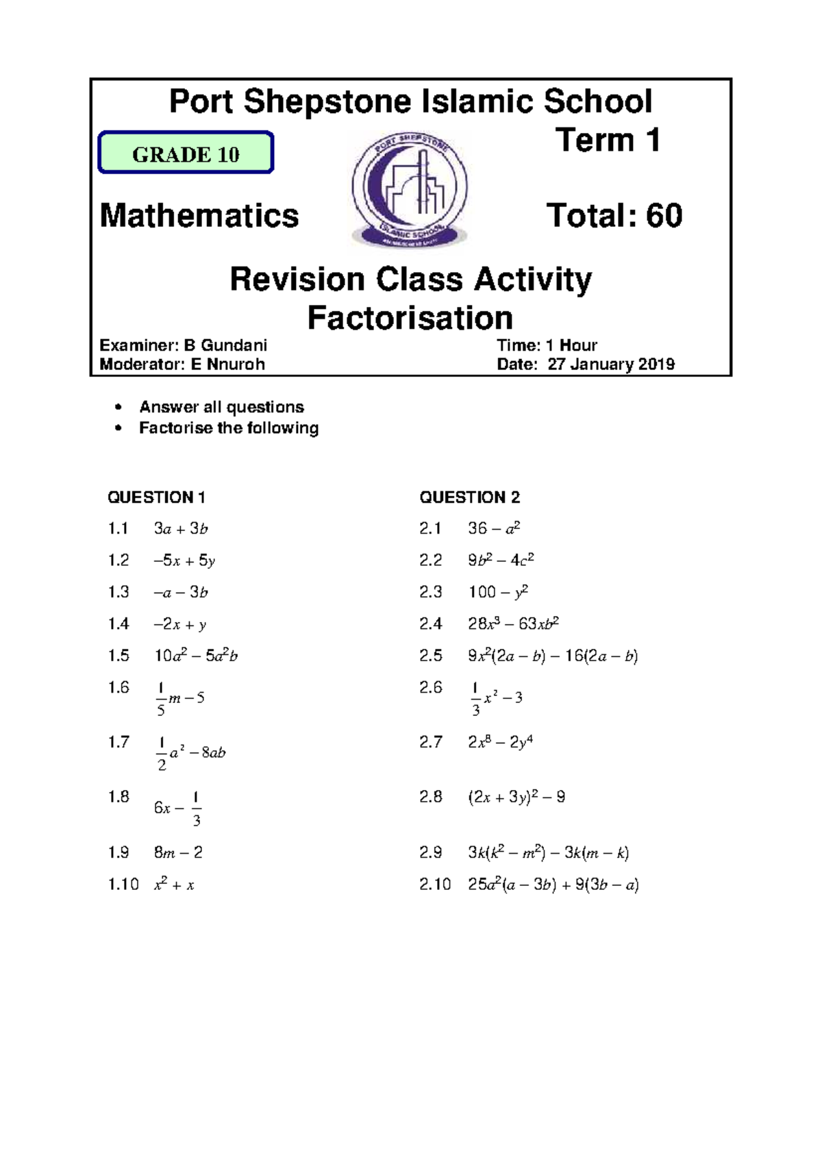 Grade 10 Mathematics Term 1 Revision: Factorisation Activity - Studocu