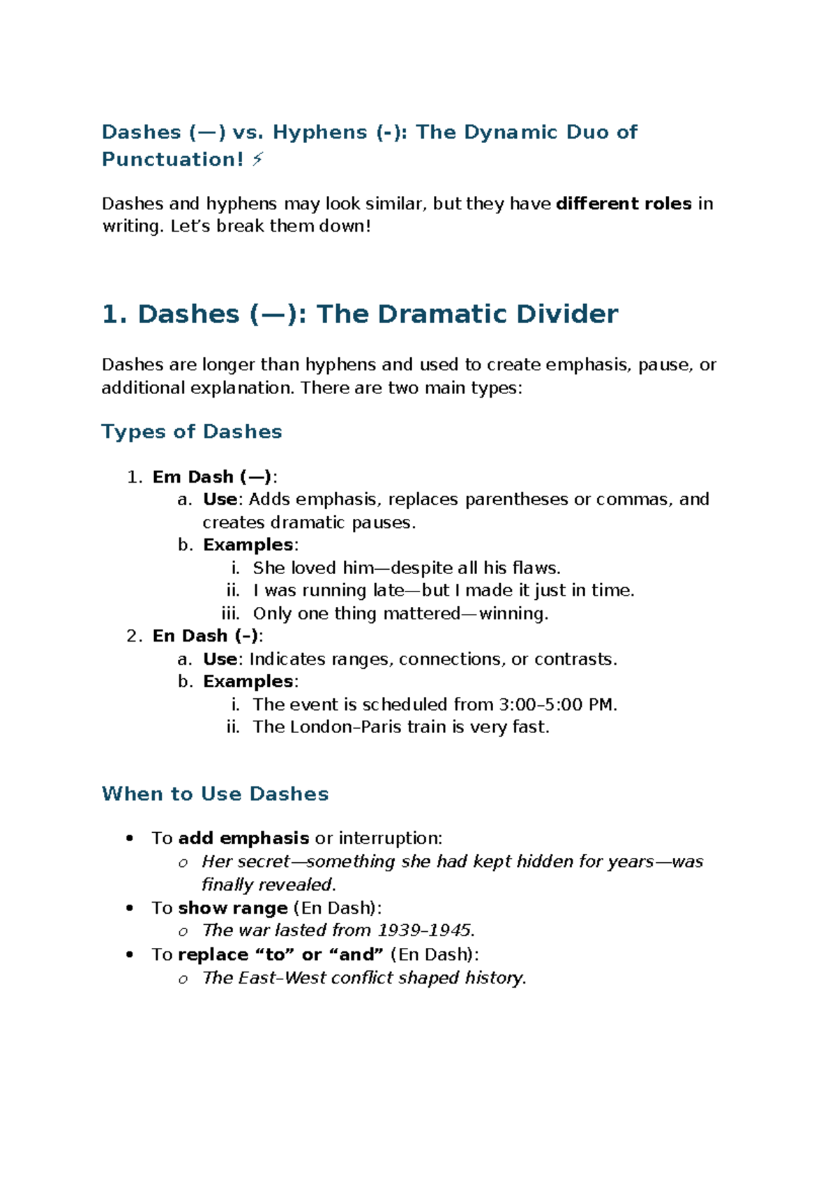 Dashes vs. Hyphens: Understanding Punctuation Roles in Writing (DOC 15 ...