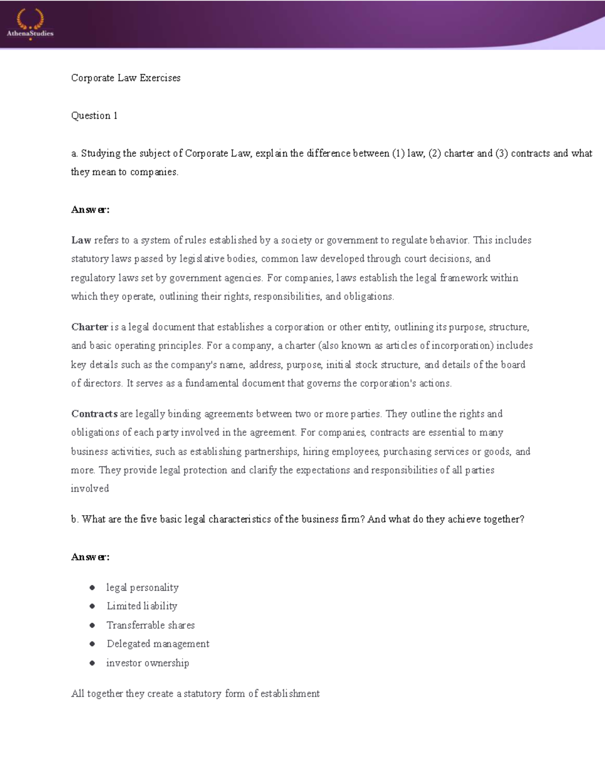 Corporate Law Exercises: Key Concepts and Legal Characteristics ...