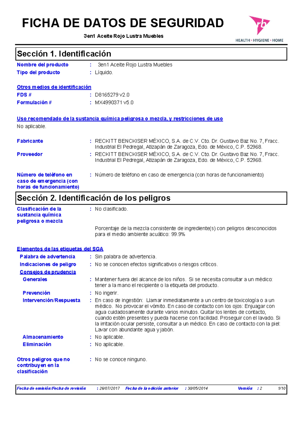 Hoja de Datos de Seguridad GHS del Aerosol 3-en-Uno 520440 - Studocu