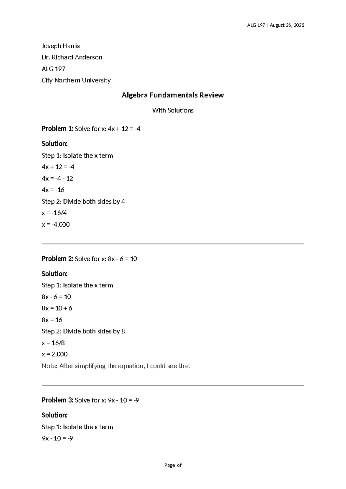 ALG 197 Algebra Fundamentals Review with Solutions - August 2025 - Studocu