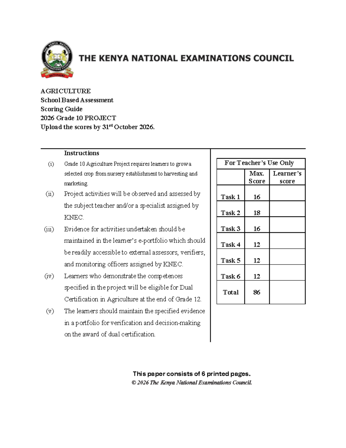 2026 Grade 10 Agriculture Project Scoring Guide & Portfolio - Studocu