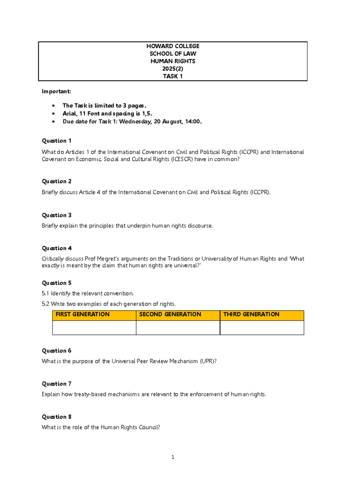 HOWARD COLLEGE LAW HUMAN RIGHTS TASK 1 - 2025 Analysis and Discussion ...