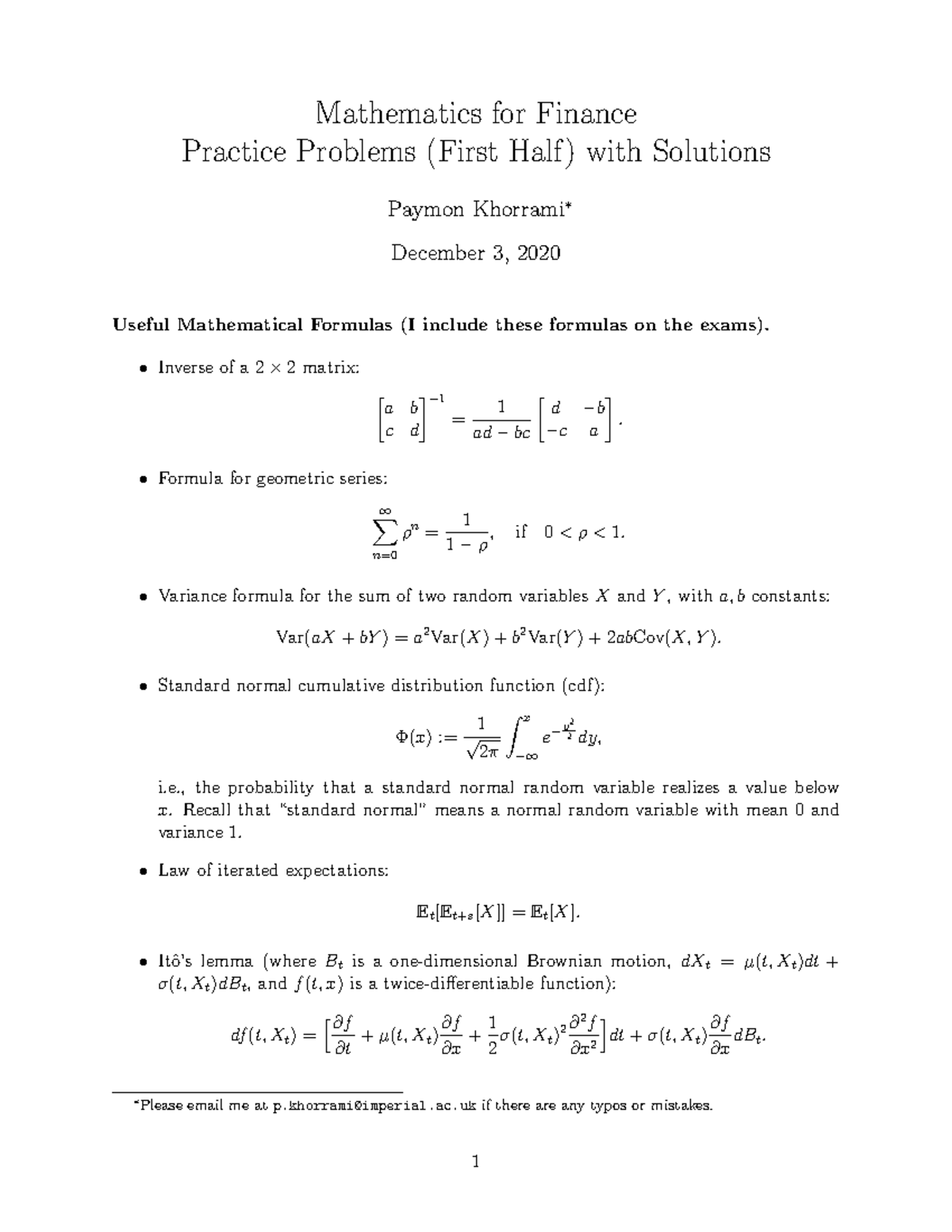Mathematics for Finance: Practice Problems & Solutions (First Half ...