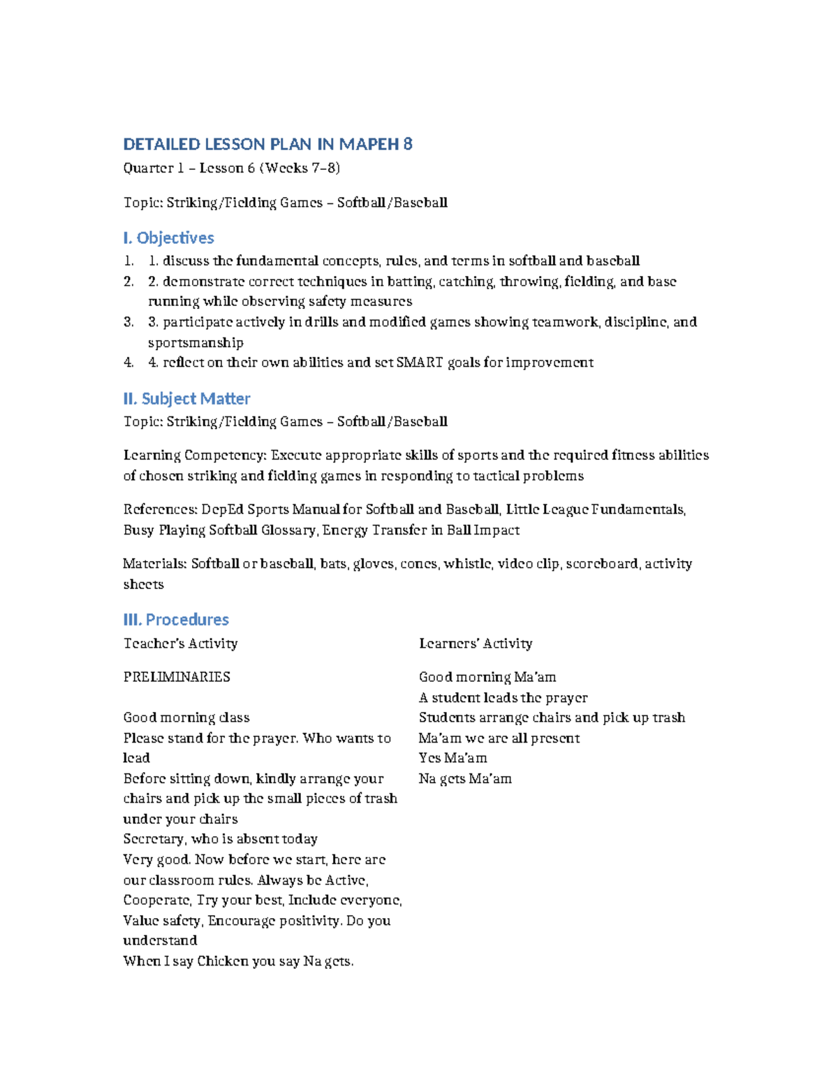DLP PE8: Detailed Lesson Plan on Softball Techniques and Games - Studocu