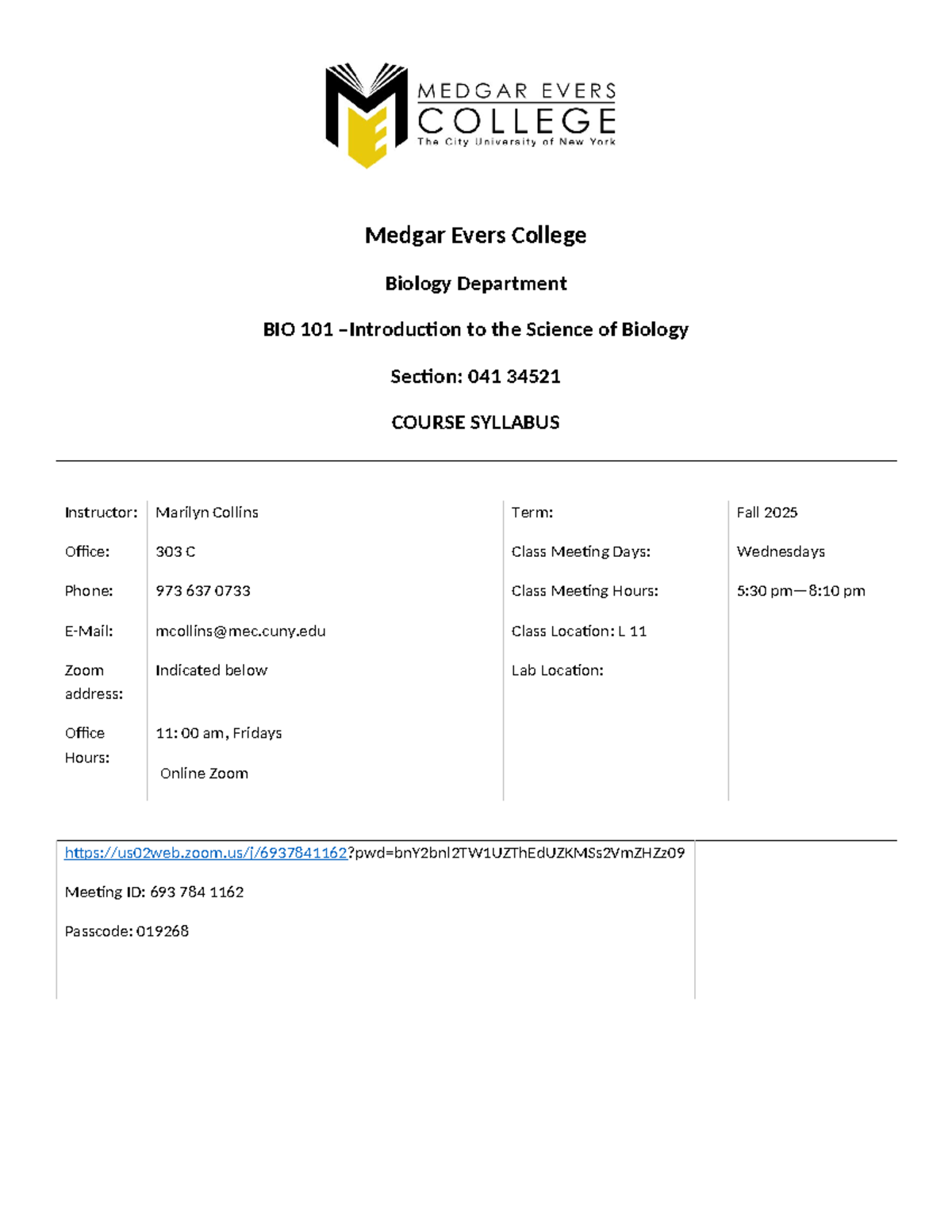 BIO 101 Fall 2025 Course Syllabus: Introduction to Biology - Studocu