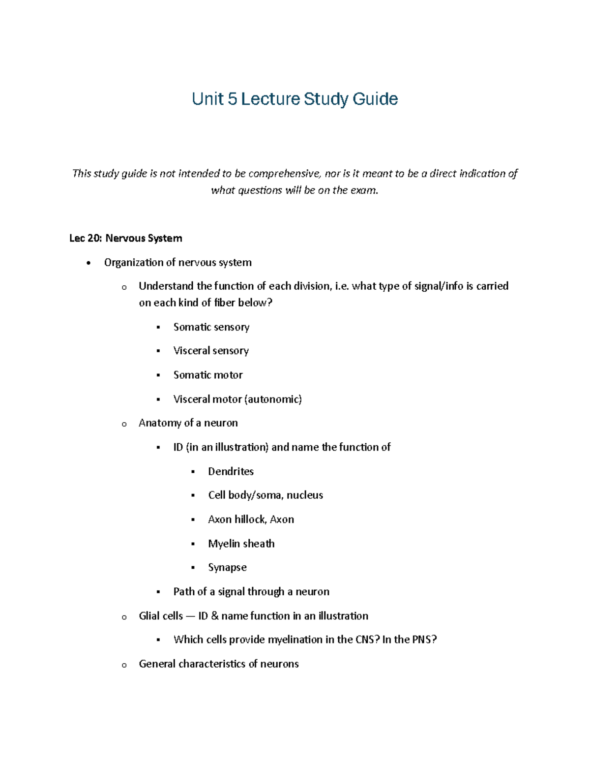 Unit 5 Lecture Study Guide: Nervous System, CNS & ANS Overview - Studocu