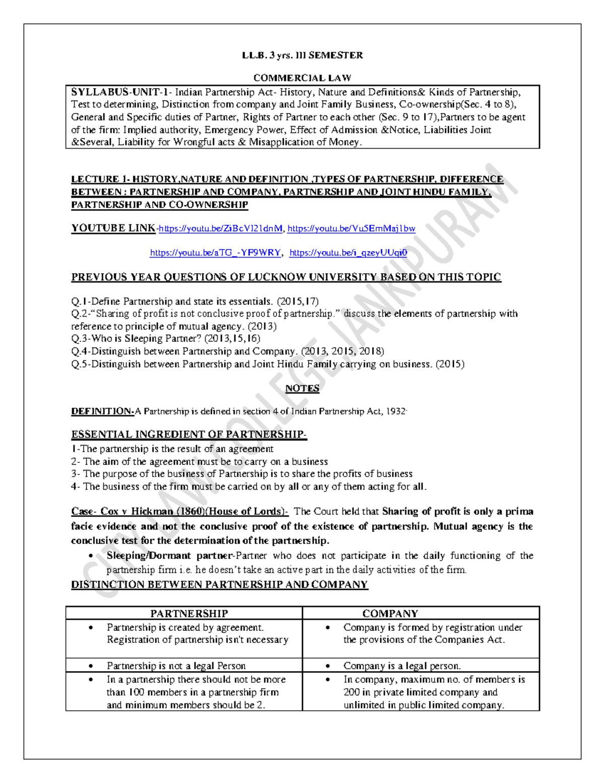 LL.B. 3 yrs. SEMESTER COMMERCIAL LAW UNIT 1 LECTURE NOTES ON ...