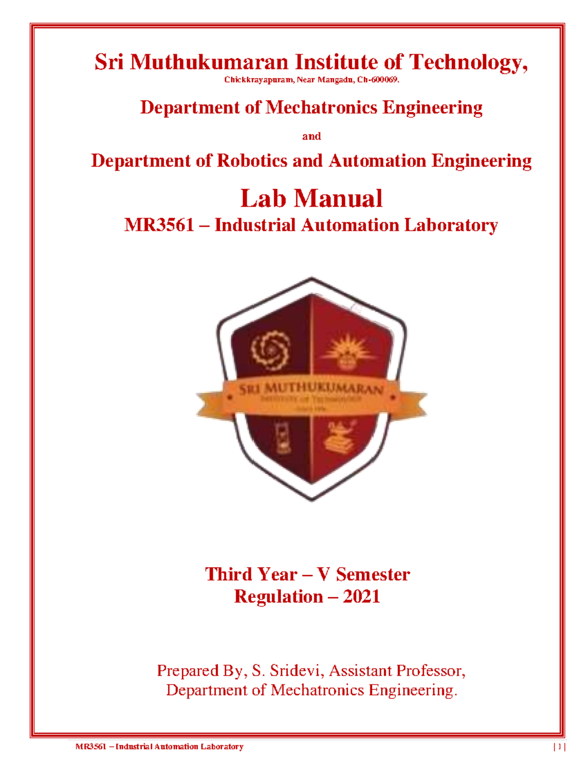 MR3561 Industrial Automation Laboratory Lab Manual and Experiments - Document Preview