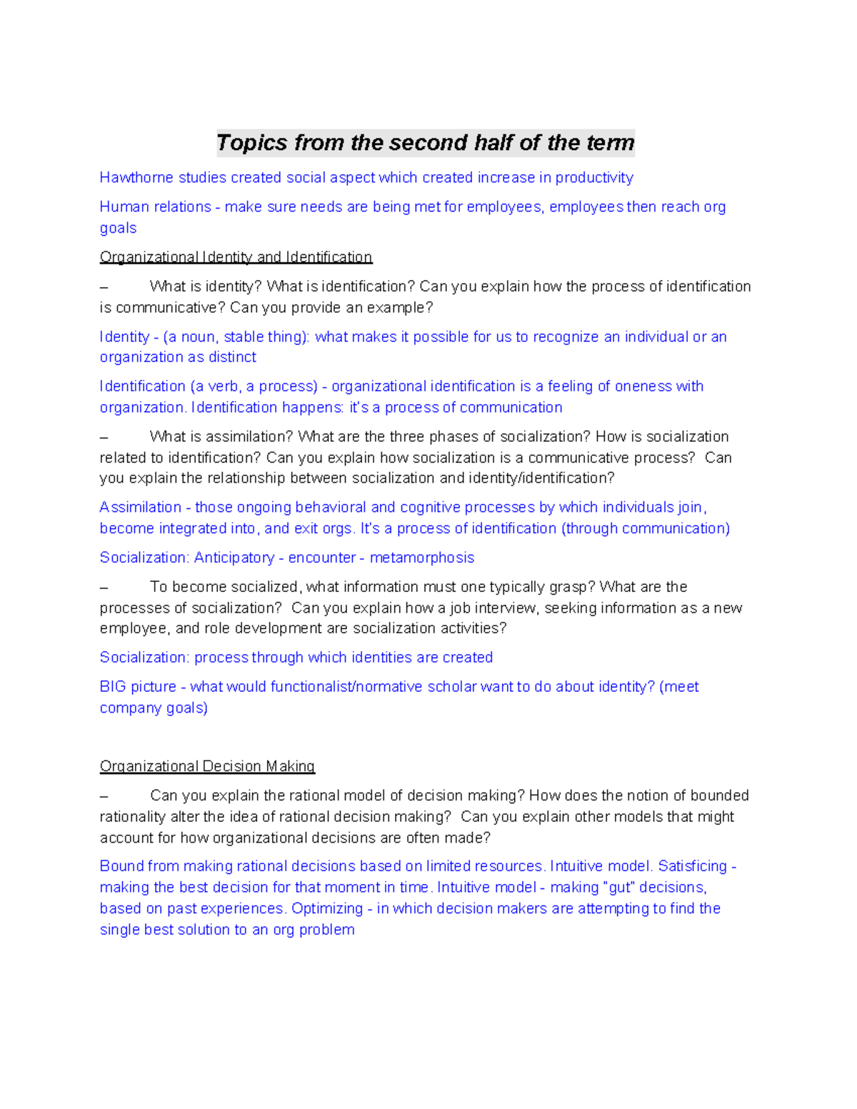 COMM 361 Final Exam Study Guide: Key Concepts in Org Communication ...