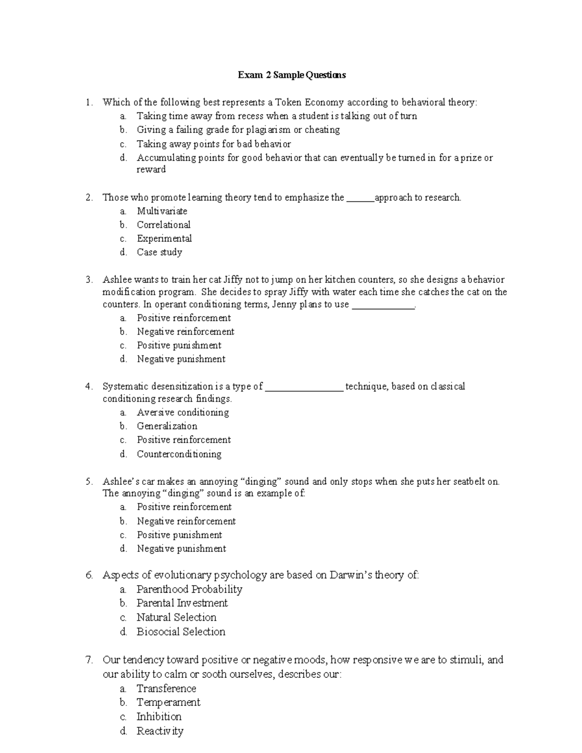 Psychology 101 Exam 2 Sample Questions - Studocu