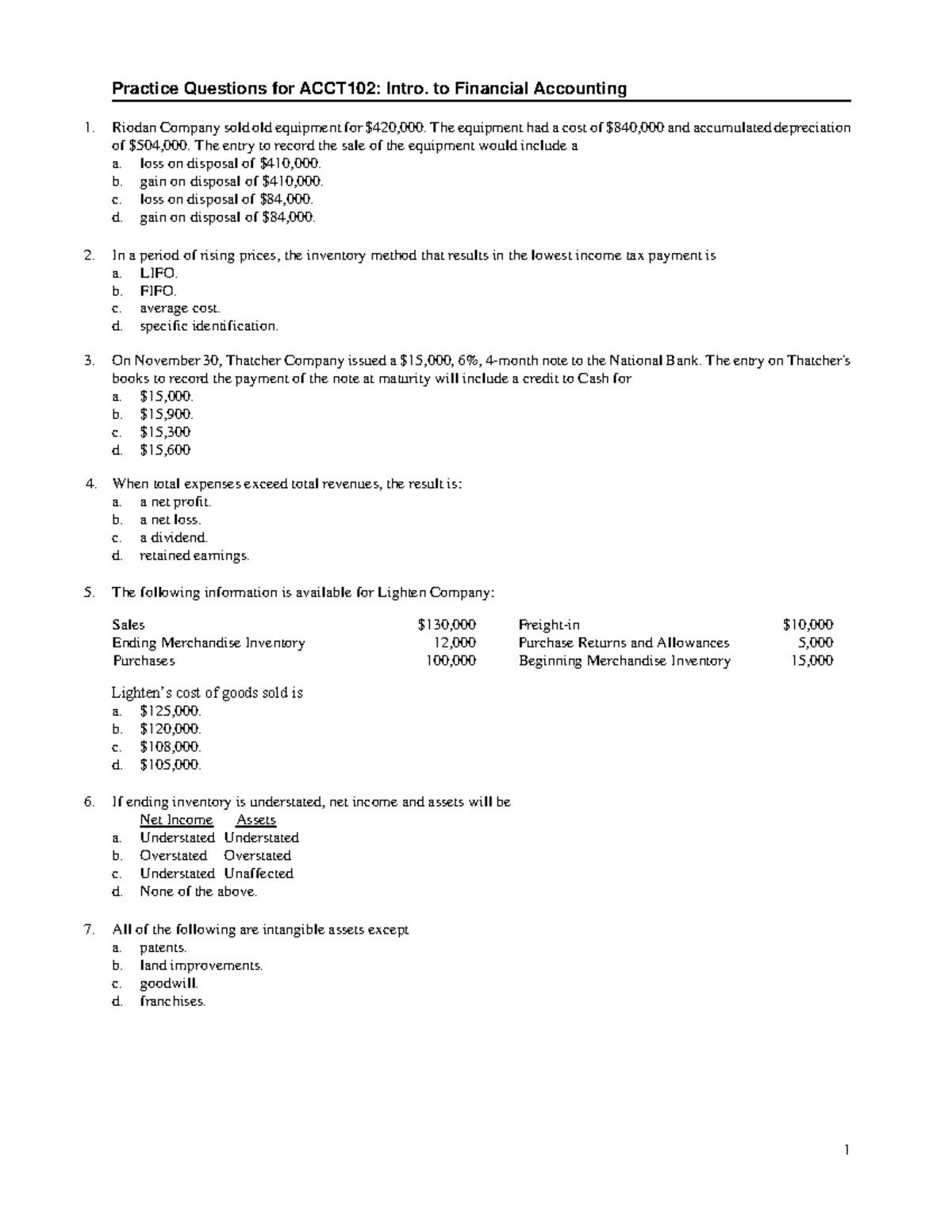 Practice Questions for ACCT102: Intro. to Financial Accounting - Studocu
