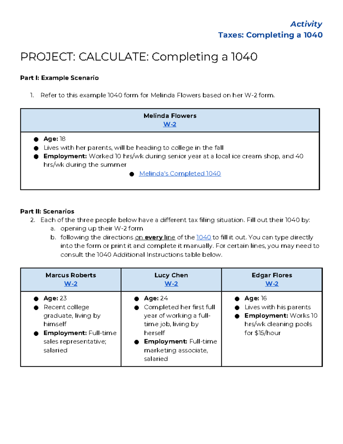 Project: Calculate Completing a 1040 - Activity Taxes Guide - Studocu
