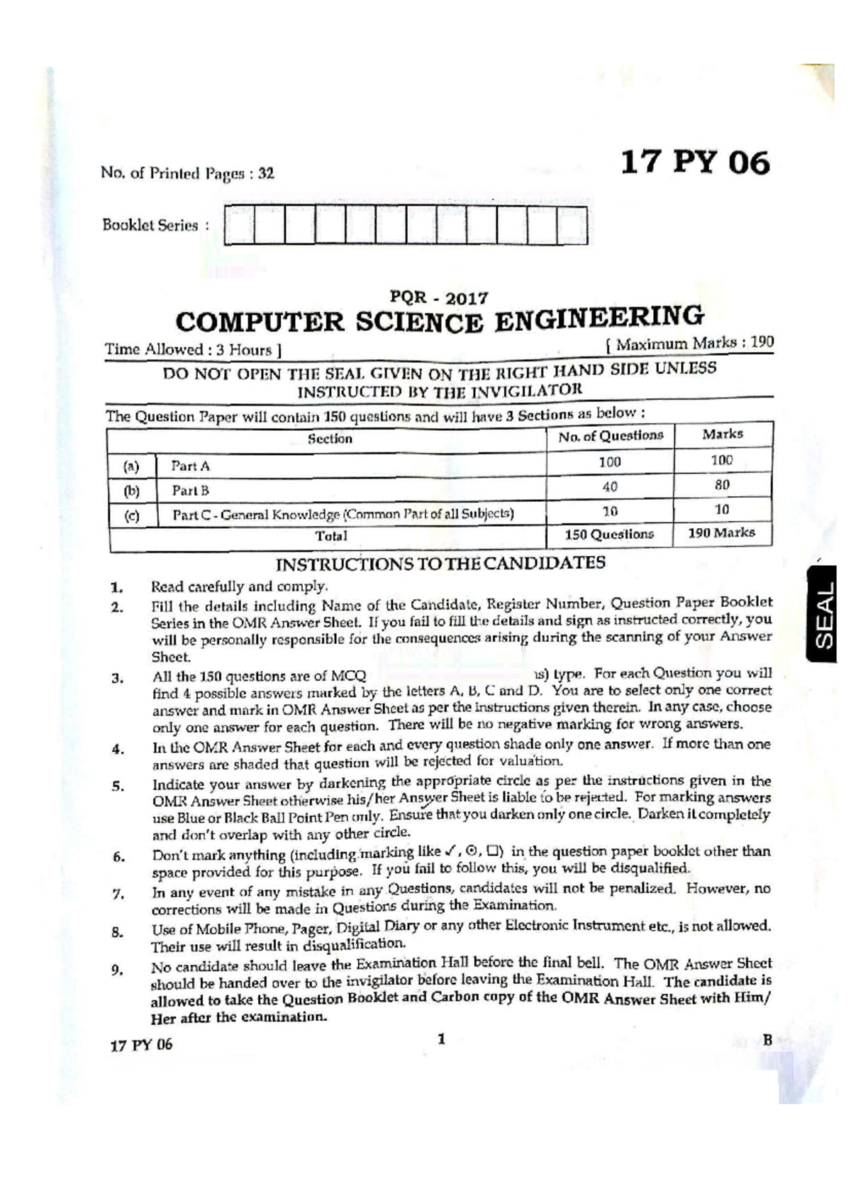 CSE 17 PY 06 Question Paper - Computer Science Engineering 2017 - Studocu