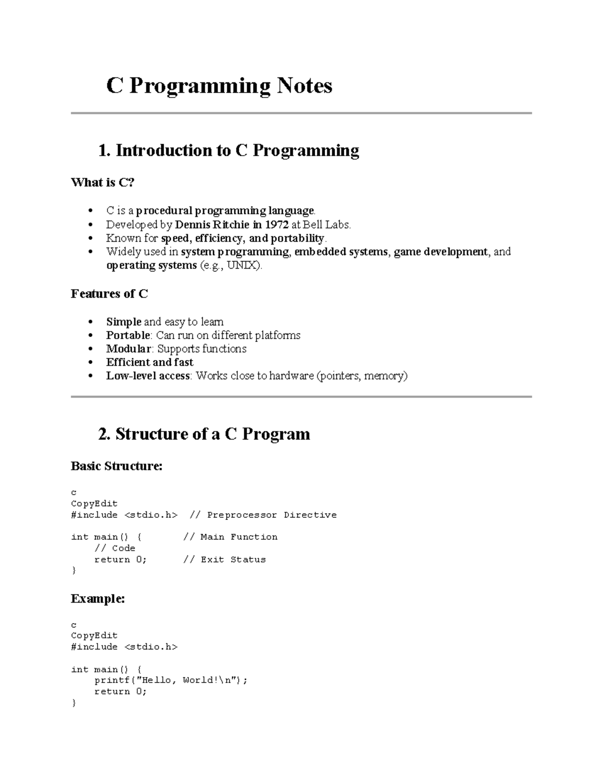 C Programming Notes: Intro, Structure, Tokens & Decision Making - Studocu