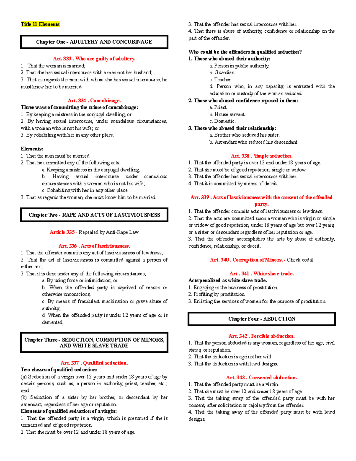 Title 11 Elements of RPC Book 2: Adultery, Concubinage, and More - Studocu