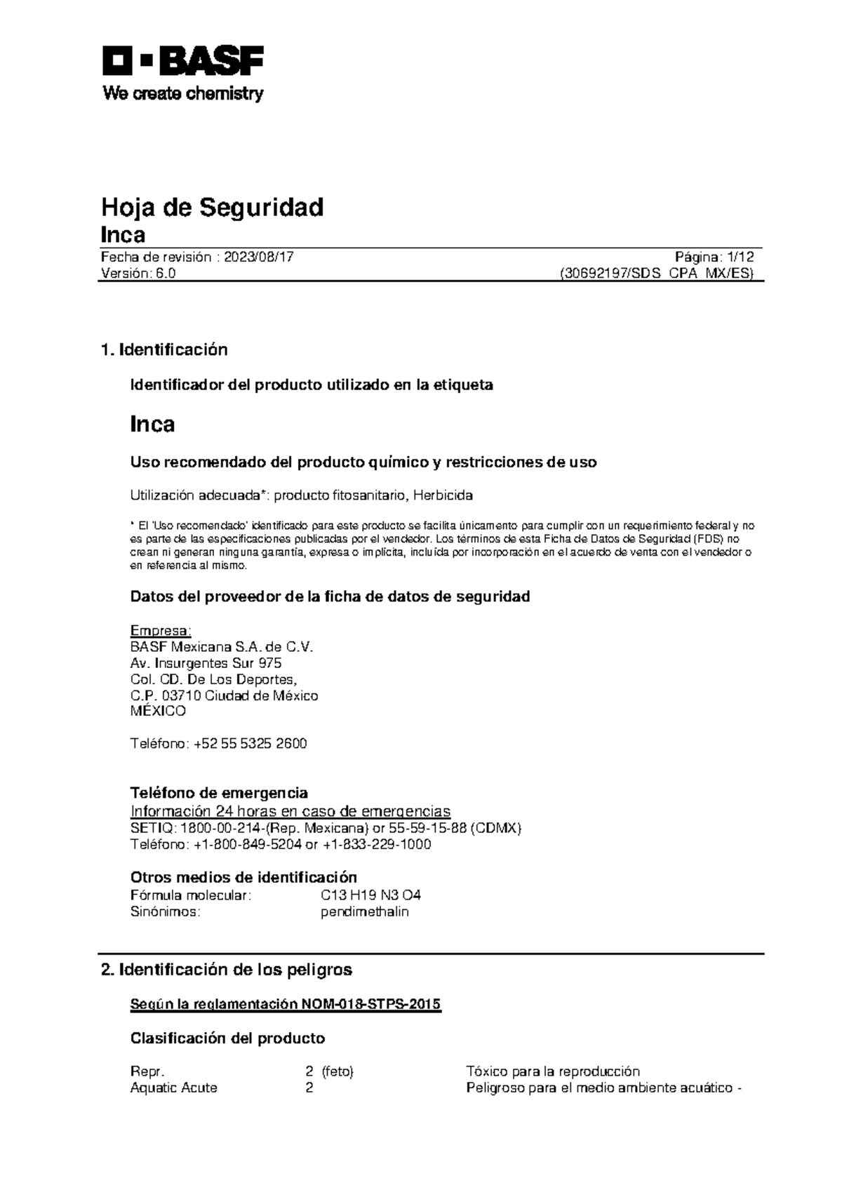 Inca 30692197 SDS CPA MX es 6-0 - Inca Fecha de revisión : 2023/08/17 ...