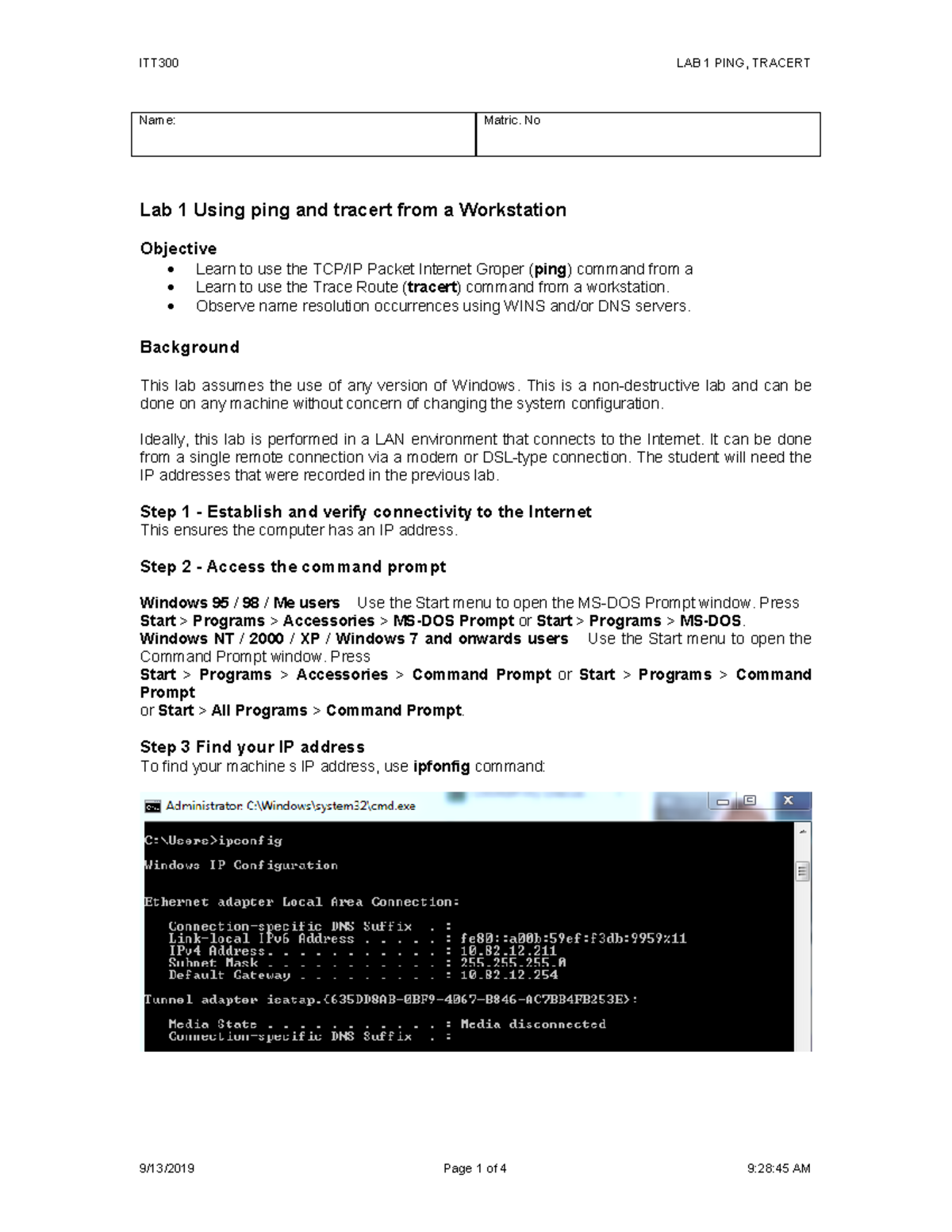 Lab 1: ITT300 - Using Ping and Tracert for Network Diagnostics - Studocu