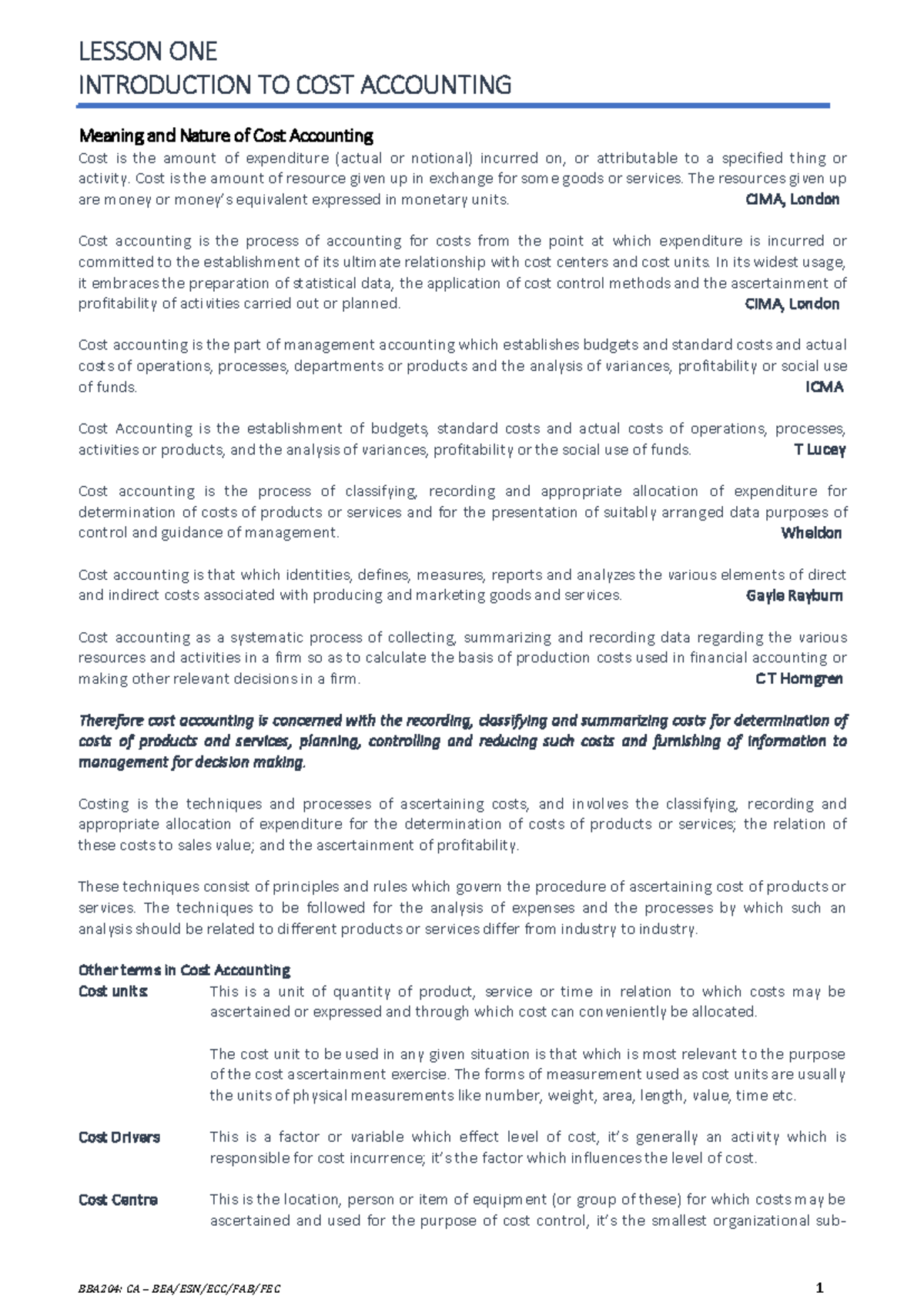 BAF204 Y2S2: Lecture Notes on Cost Accounting Fundamentals - Studocu
