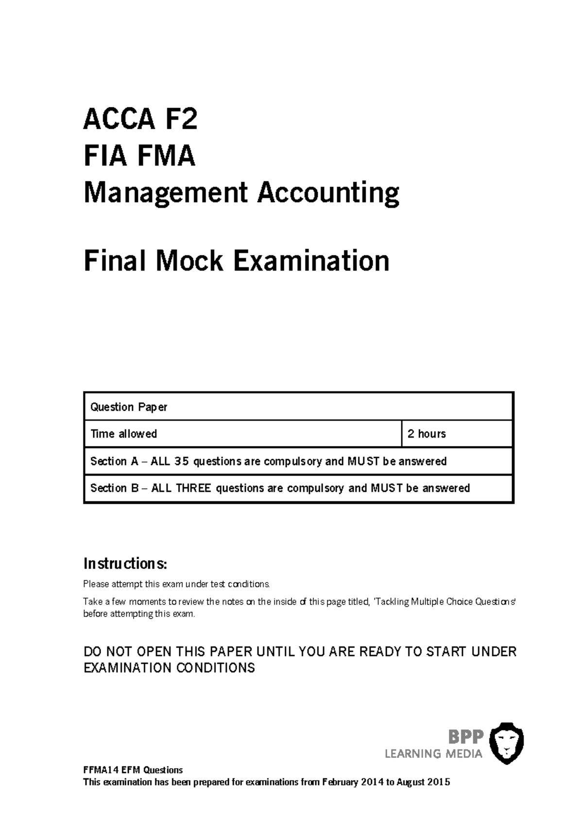 ACCA F2 FIA FMA Management Accounting Final Mock Exam Questions - Studocu