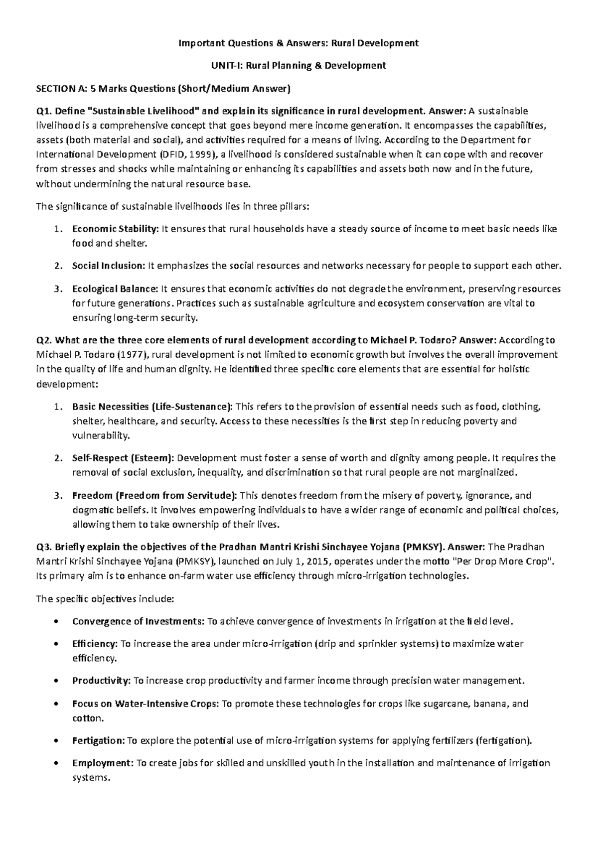 Rural Development: Important Questions & Answers (Final Exam) - Studocu
