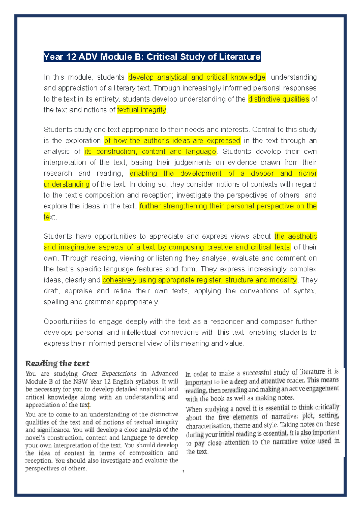 Year 12 ADV Module B: Great Expectations Handout 1 - Rubric Overview ...