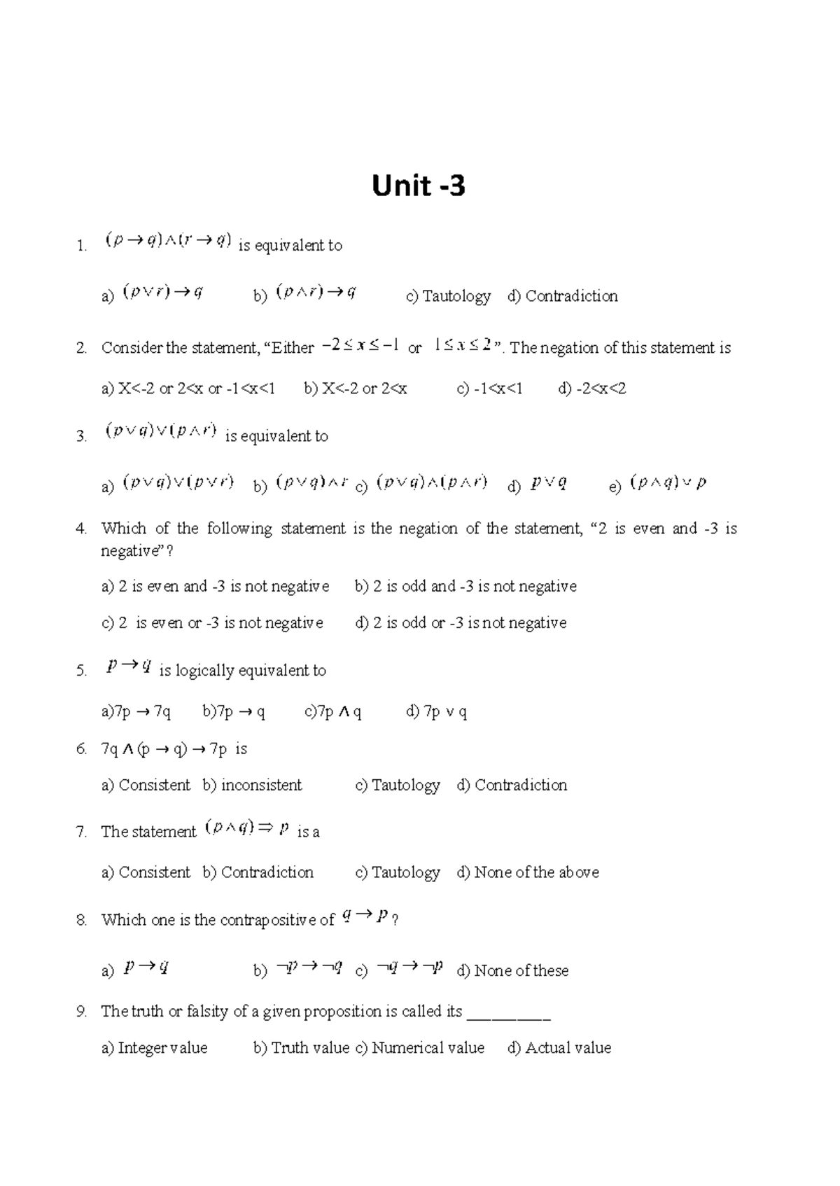 Maths Unit 3 - Mathematical Logics Study Notes and Insights - Studocu