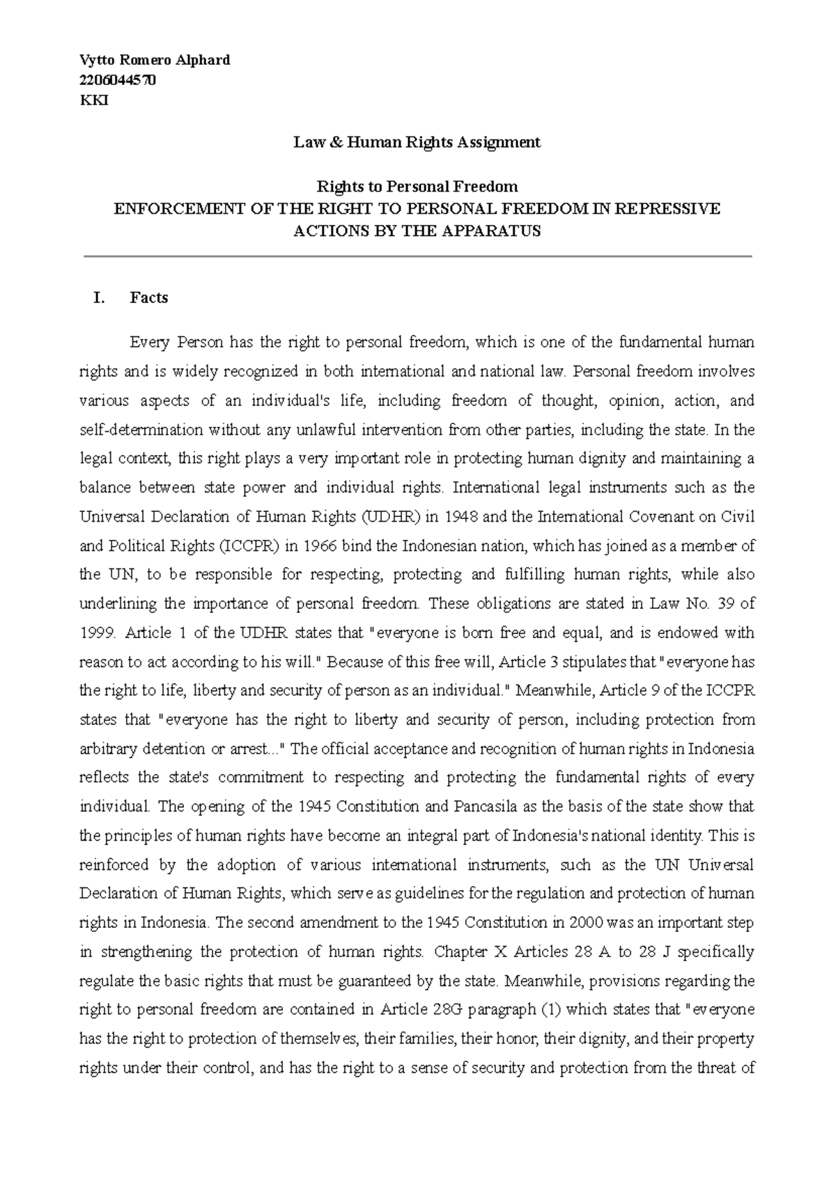 KKI Law Human Rights Assignment: Enforcement of Personal Freedom Rights ...