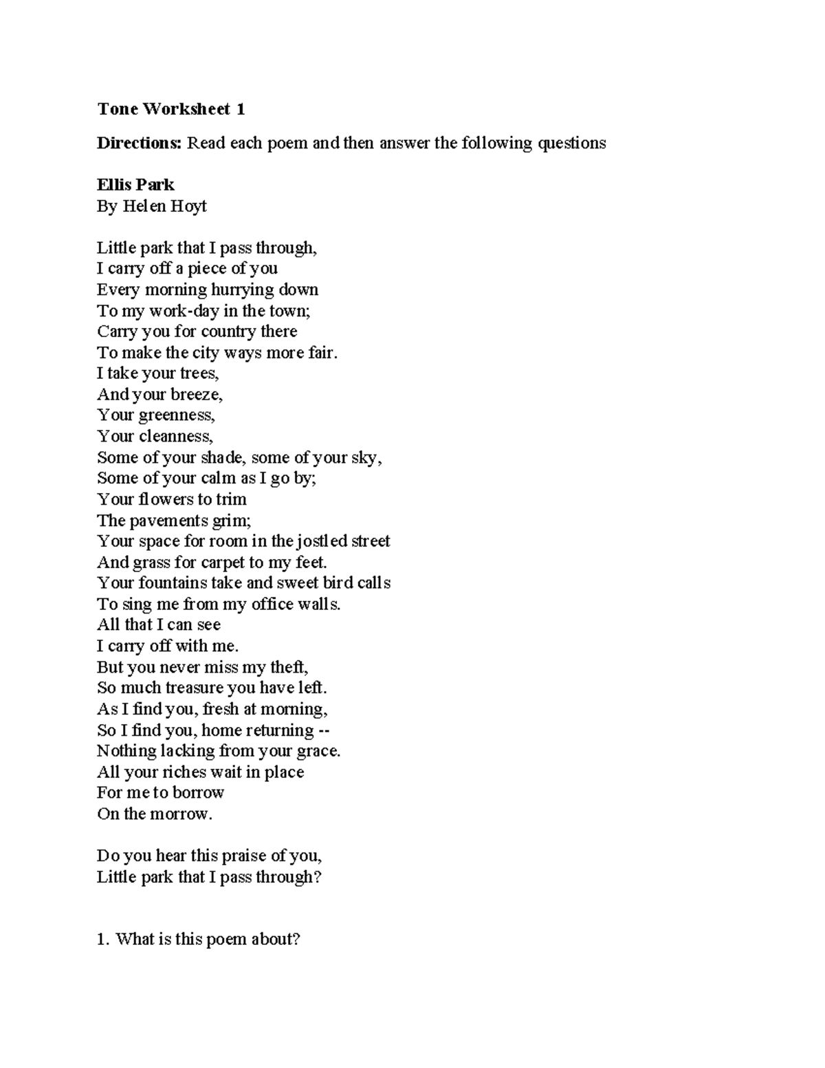 Tone Worksheets 1 & 2: Analyzing Poetic Tone and Themes - Studocu