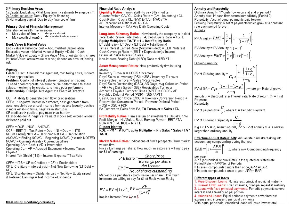 FIN 301: Midterm Cheat Sheet on Key Financial Concepts and Ratios - Studocu