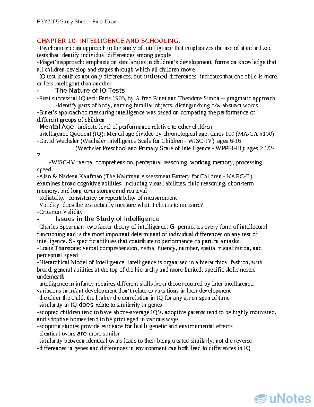 PSY2105 Study Sheet: Final Exam on Intelligence and Language ...