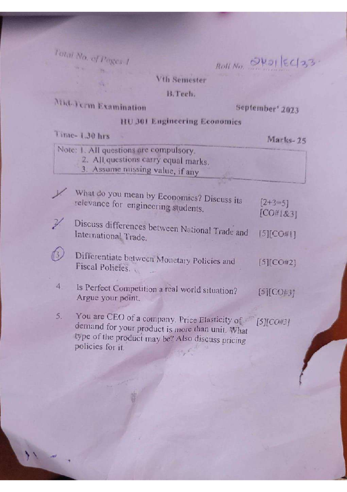 HU,301 Engineering Economics Midsem Exam Paper 2023 - Studocu