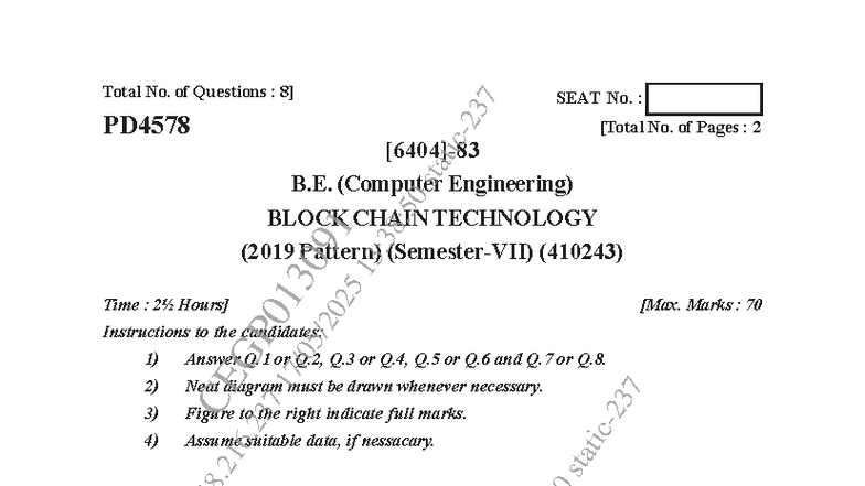 B.E. (Comp Eng) Block Chain Tech Final Exam (410243) Study Guide - Studocu