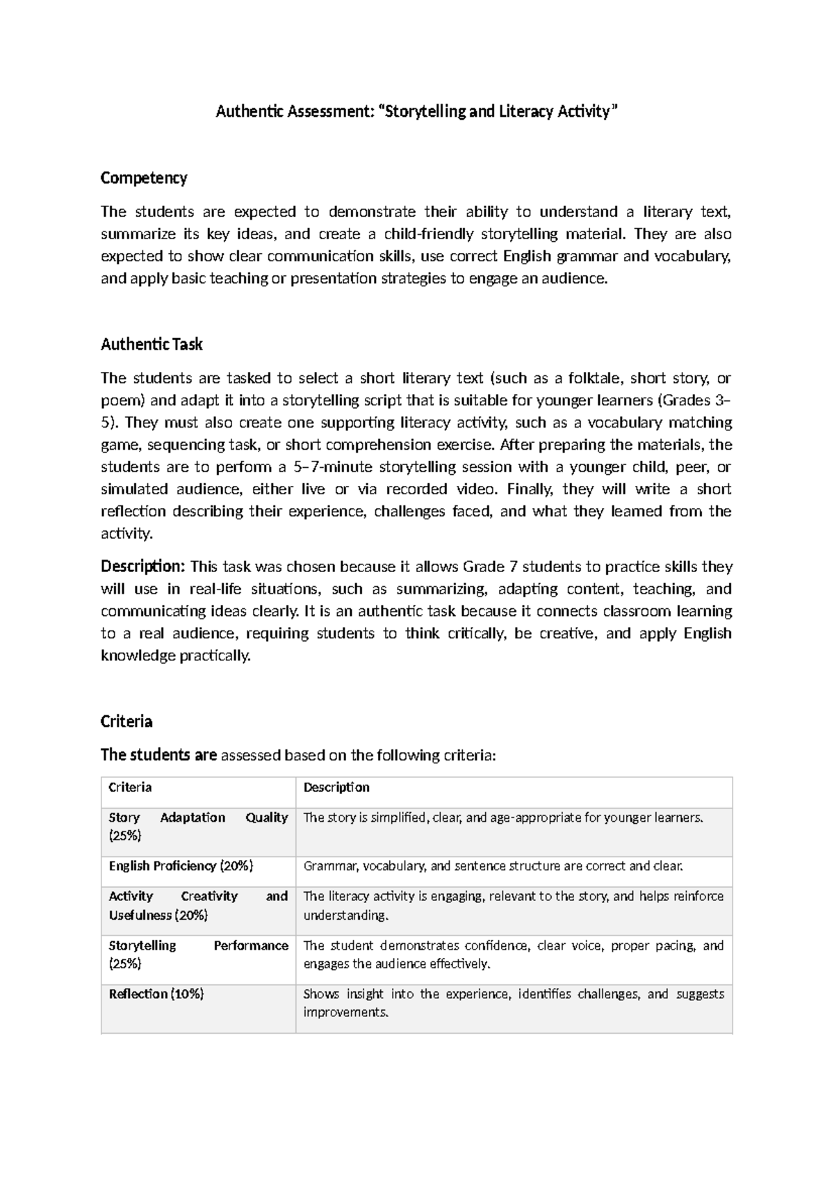 Ecaldre: Authentic Assessment & Literacy Competency Task - Studocu