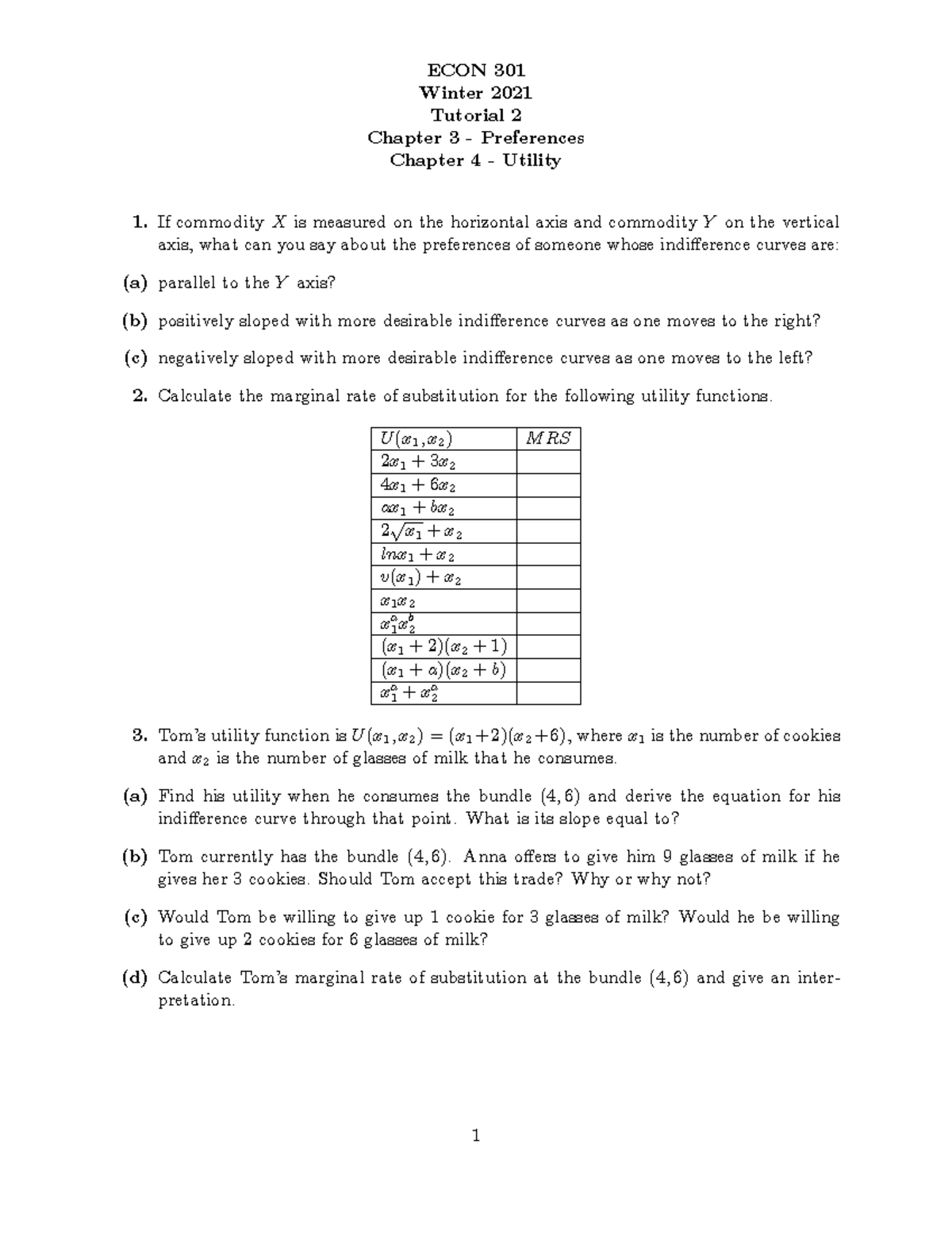 Econ301 Tutorial 2 - ECON 301 Winter 2021 Tutorial 2 Chapter 3 ...