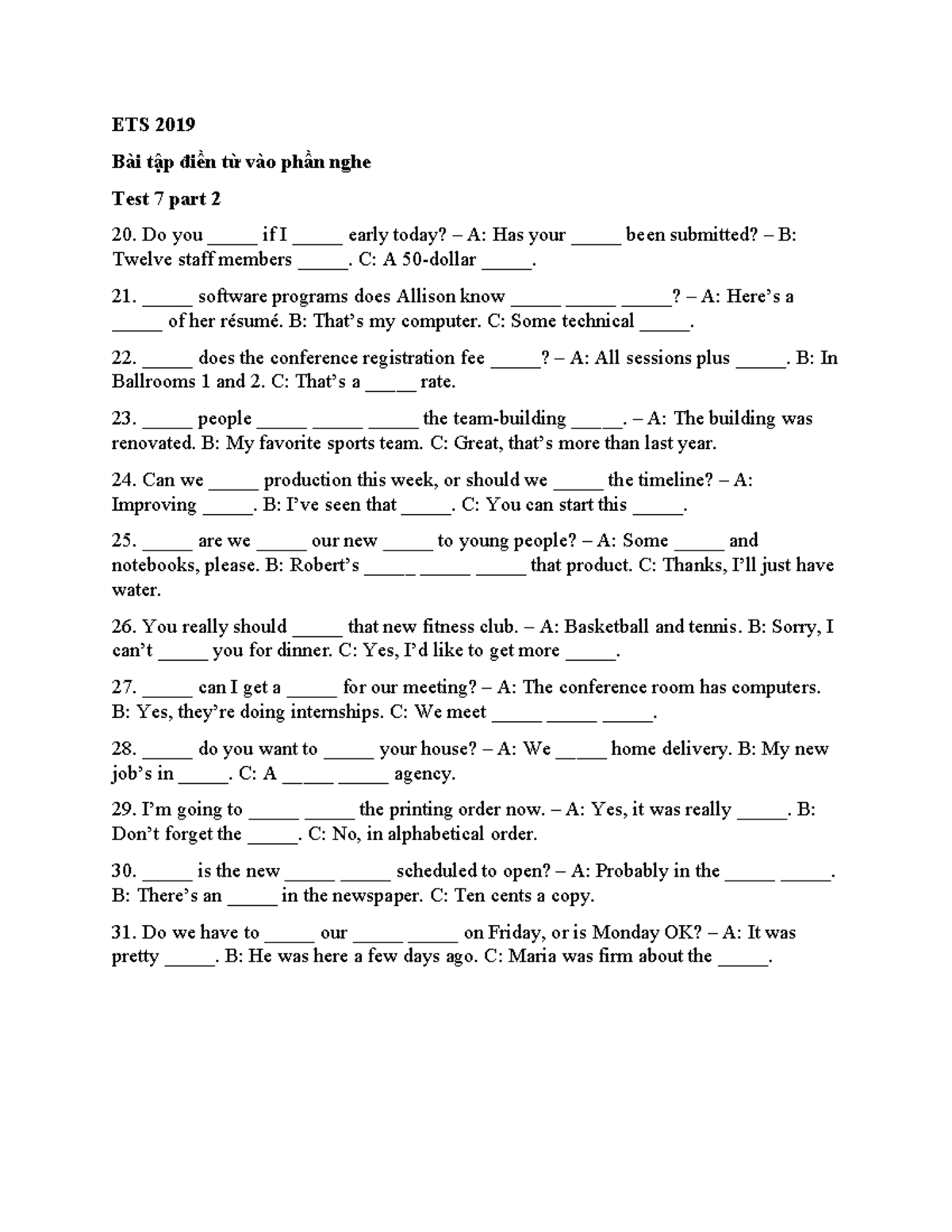 ETS 2019 Điền Từ Test 7 Part 2 (Questions 20-31) - Studocu