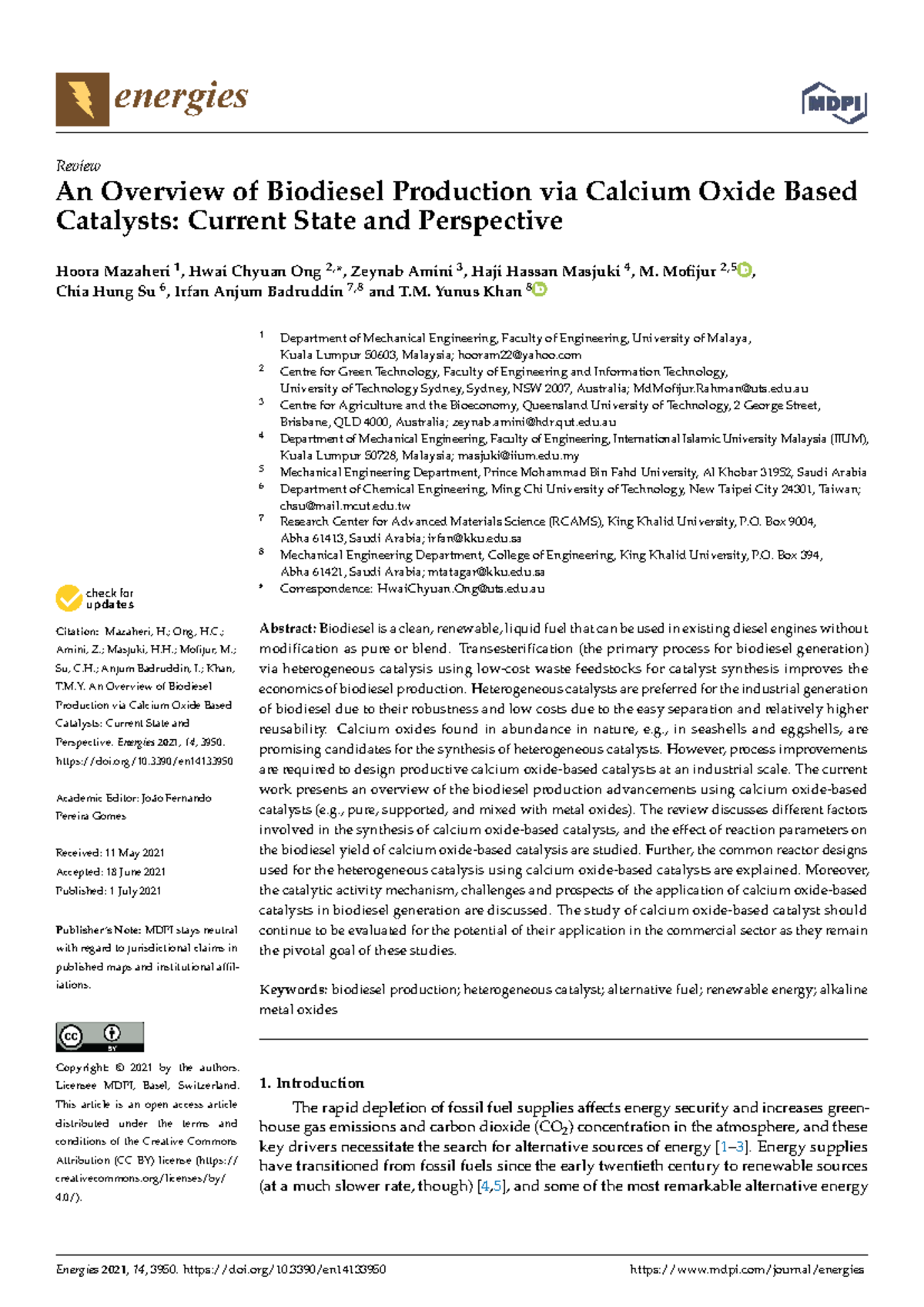 Energies 14: Overview of Biodiesel Production via CaO Catalysts - Studocu