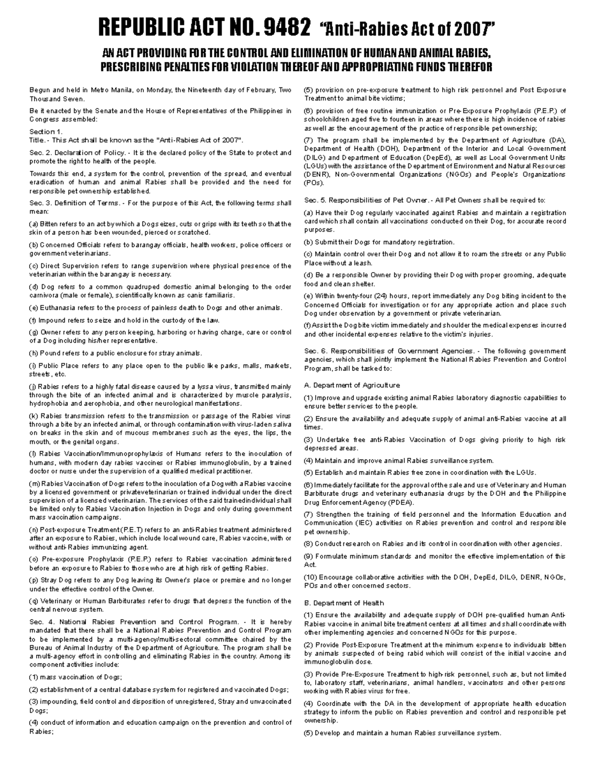 RA 9482: Anti-Rabies Act of 2007 - Control and Prevention Measures ...
