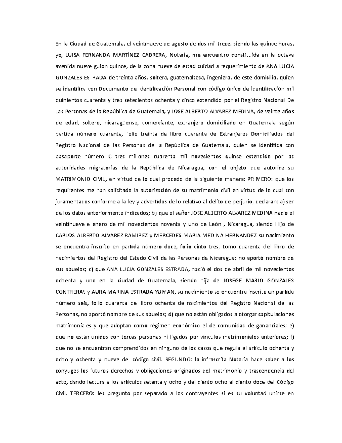 ACTA Notarial de Matrimonio Civil con Contrayente Extranjero - Studocu
