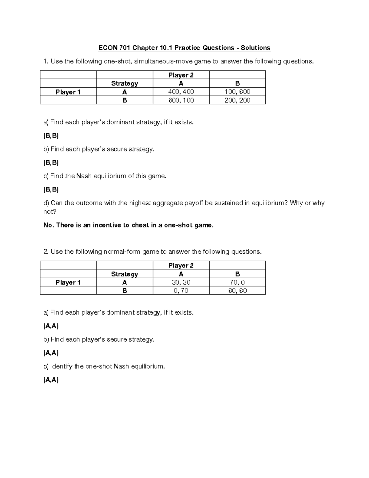ECON 701 Chapter 10 Practice Questions - Solutions Overview - Studocu