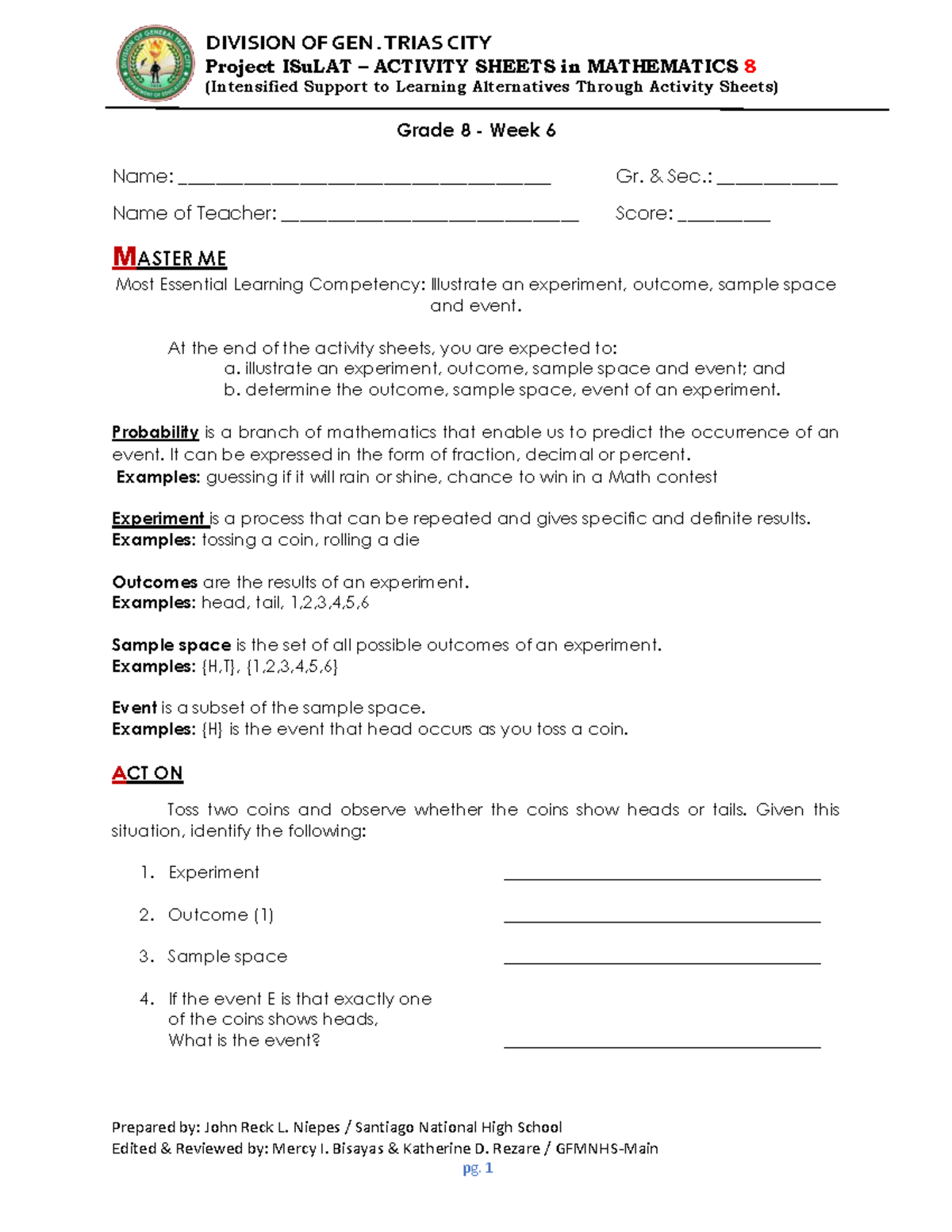 MATH 8 Q4 W6 - MATH 8 Q4 W6 - Prepared by: John Reck L. Niepes ...
